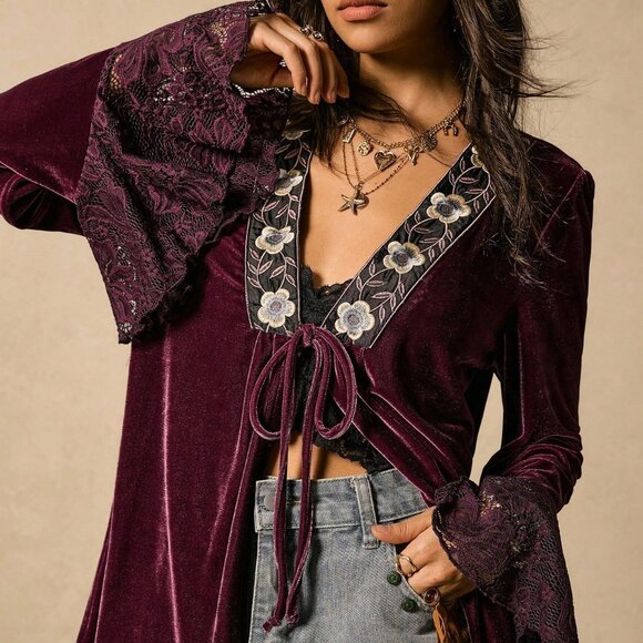 Multicolor Boho Women's Nomadic V-Neck Tie-Up Lace Patchwork Flare Sleeve top - Picture 1 of 7